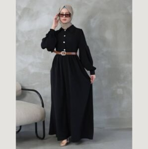 فستان قماش كريب كرستال مع بلت عسلي