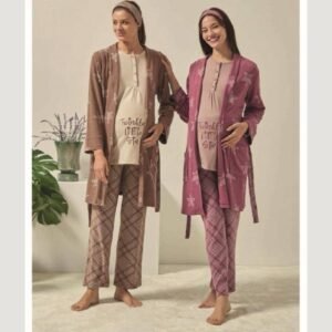 طقم حمل وولادة بلوز كوم+ بنطال + روب +بندان