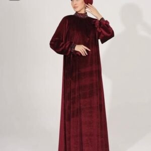 فستان مخمل فلو مع كمر لون خمري