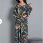 قميص نوم ستاتي مصوف لون رمادي معرق ورق شجر 