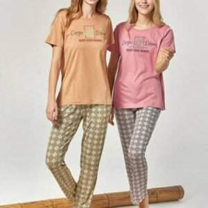 بجامة قطن صيفي لون عسلي ولون زهري