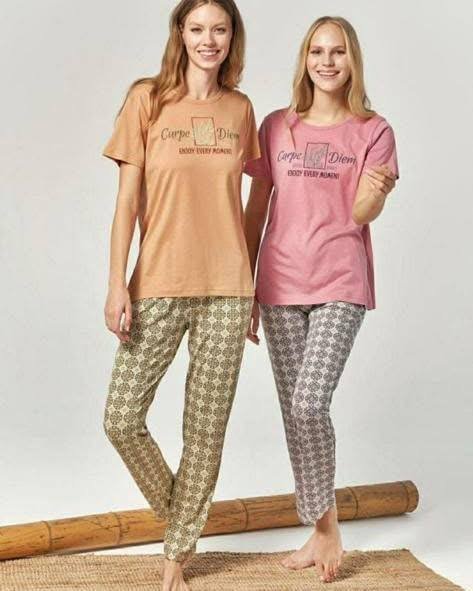 بجامة قطن صيفي لون عسلي ولون زهري