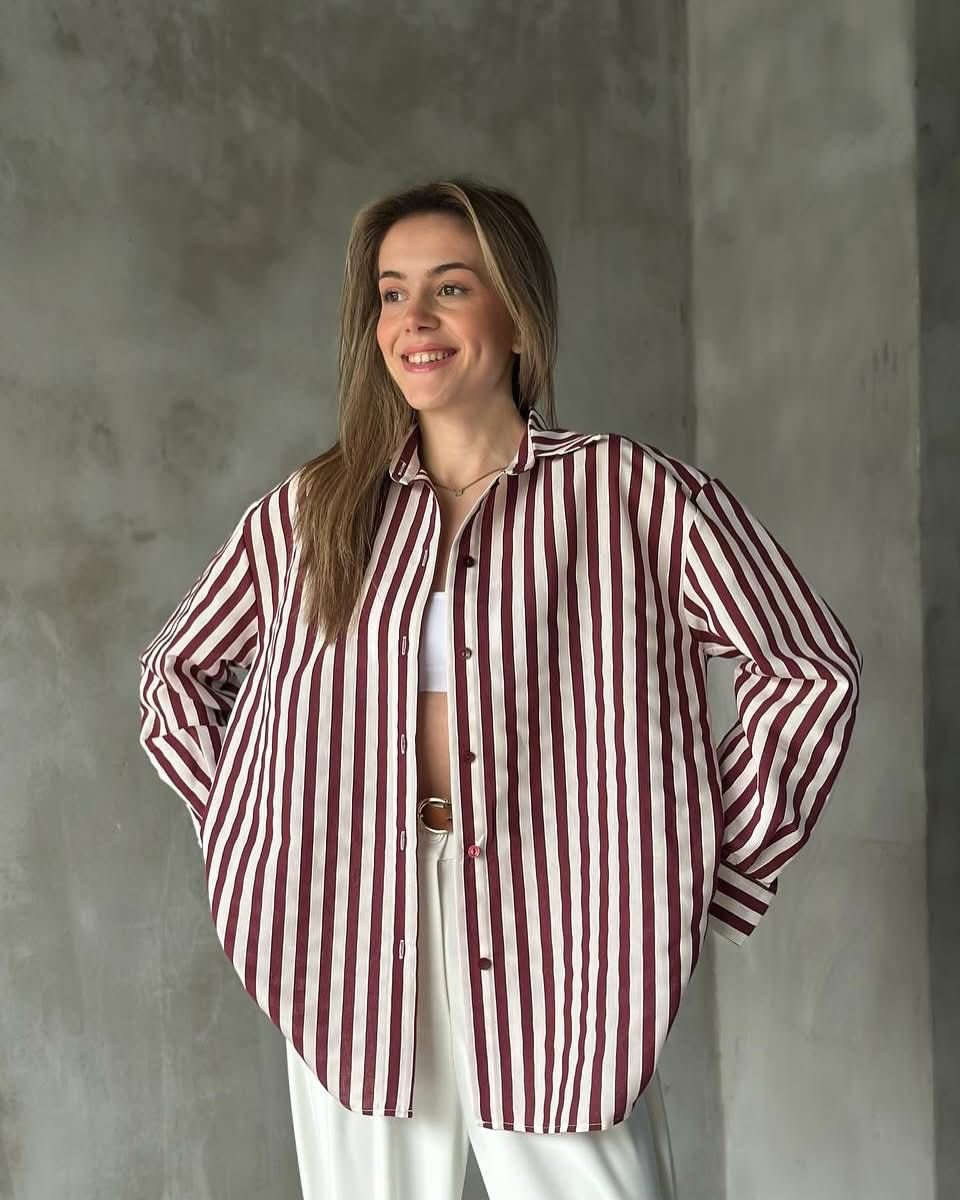 قميص دابل شيفون مقلم لون خمري قميص دابل شيفون مقلم لون خمري