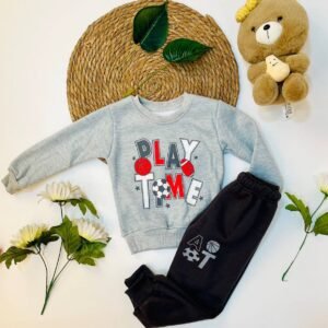 الصفحة الرئيسية بجامات بيبي فوتر مبطن لون رمادي بنطال أسود